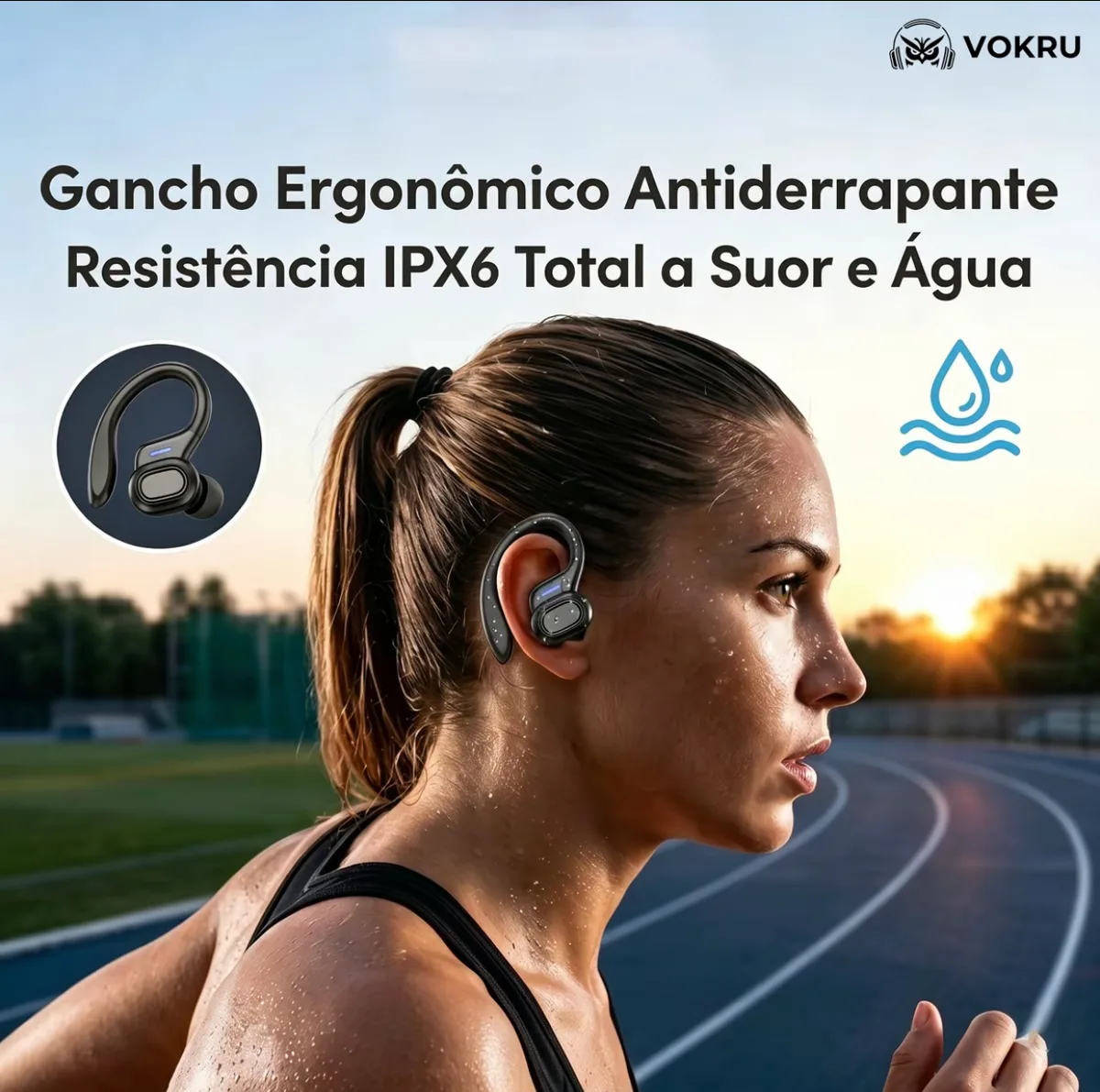 Fone de Ouvido Sem Fio Vokru com Gancho Esportivo, Estojo Digital e Proteção IPX6 3