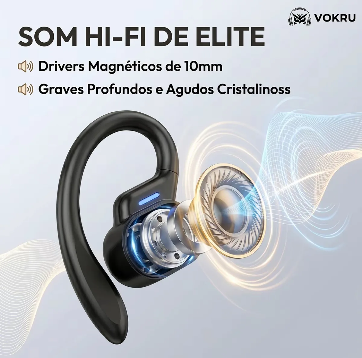 Fone de Ouvido Sem Fio Vokru com Gancho Esportivo, Estojo Digital e Proteção IPX6 4