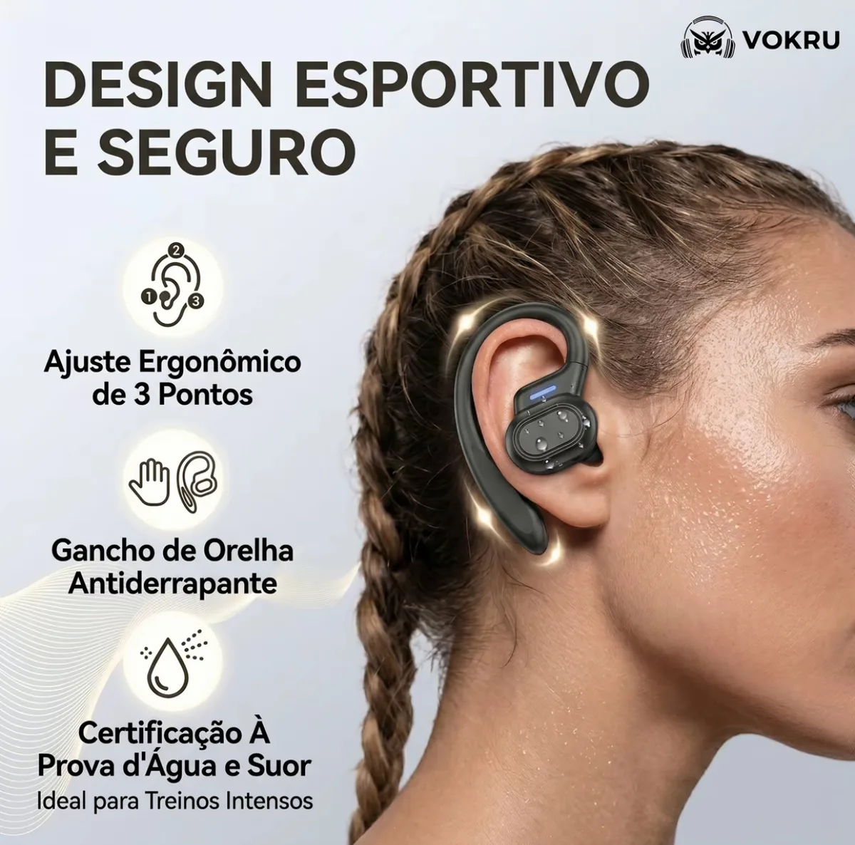 Fone de Ouvido Sem Fio Vokru com Gancho Esportivo, Estojo Digital e Proteção IPX6 6
