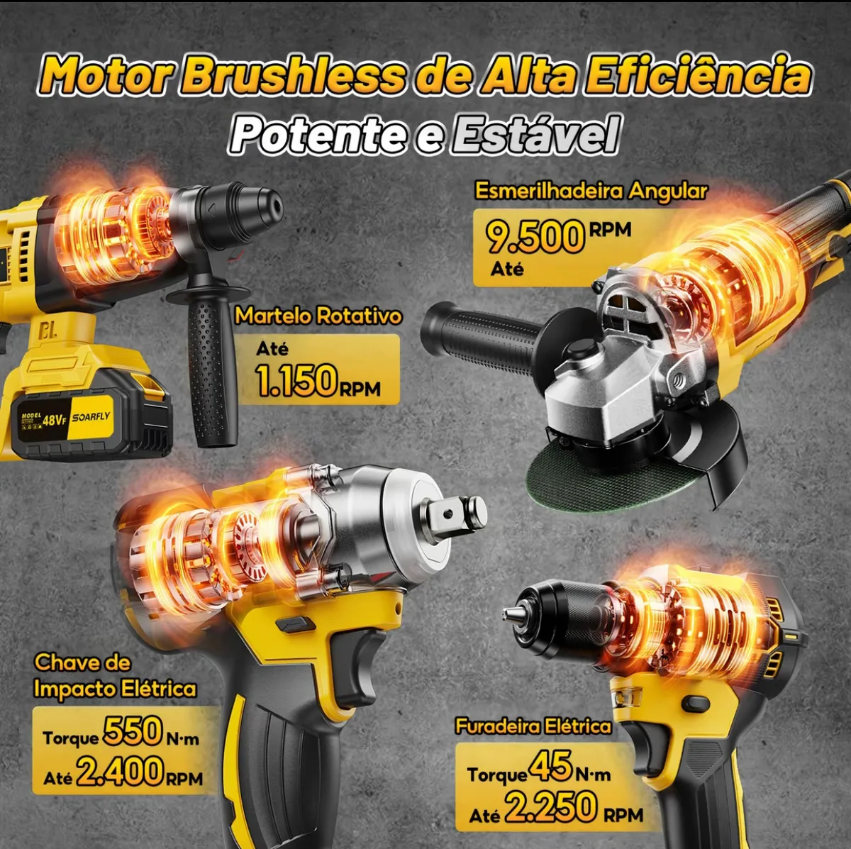 Kit Multifuncional 4 em 1 com Furadeira, Martelete, Chave de Impacto e Esmerilhadeira 2