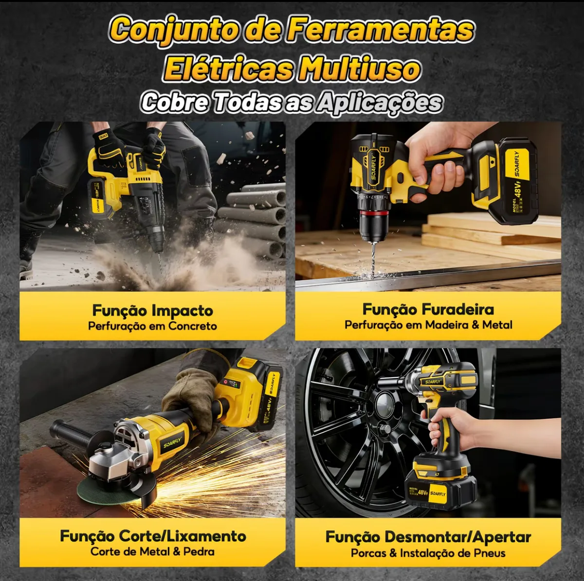 Kit Multifuncional 4 em 1 com Furadeira, Martelete, Chave de Impacto e Esmerilhadeira 3