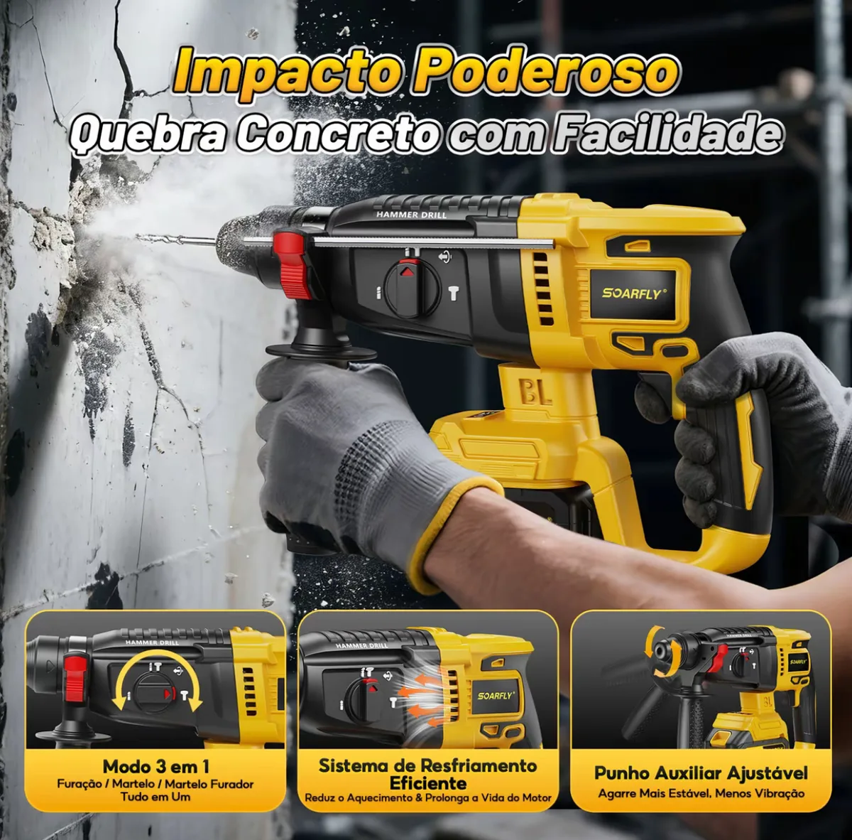 Kit Multifuncional 4 em 1 com Furadeira, Martelete, Chave de Impacto e Esmerilhadeira 4